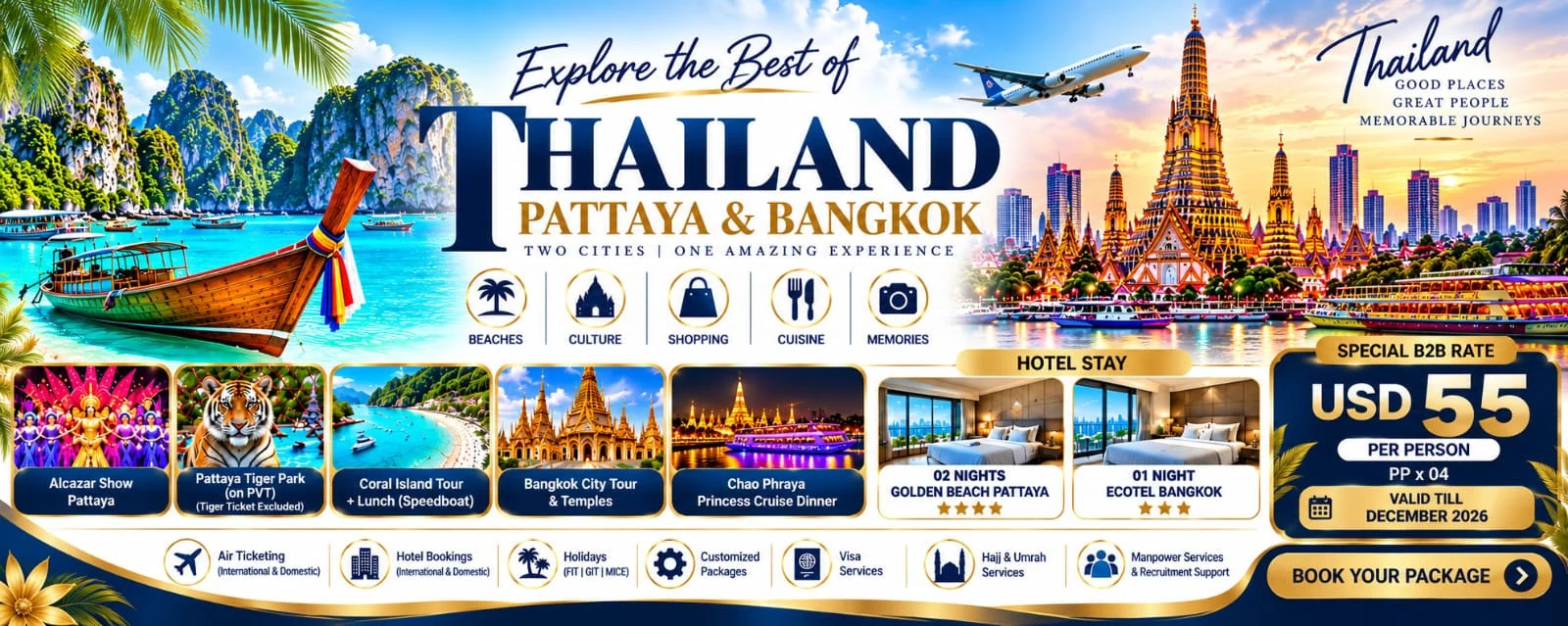 Explore the Best of Thailand: Pattaya and Bangkok package with 2 nights Golden Beach Pattaya and 1 night Ecotel Bangkok, special B2B rate USD 55 per person, valid till December 2026